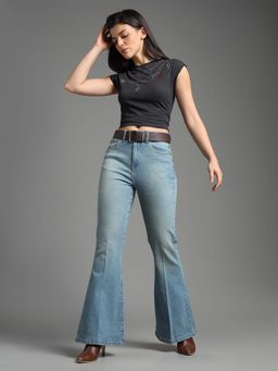 Flying Machine - Women Blue Cotton Solid Flared Jeans