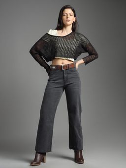 Flying Machine - Women Grey Cotton Solid Wide Jeans