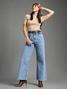Flying Machine - Women Blue Cotton Solid Wide Jeans