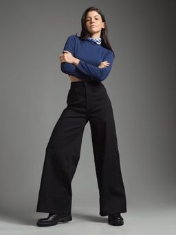 Flying Machine - Women Black Cotton Solid Wide Jeans