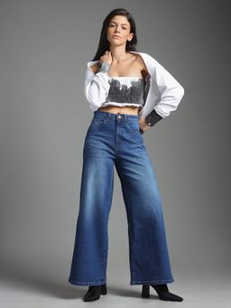 Flying Machine - Women Blue Cotton Solid Wide Jeans