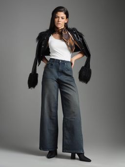 Flying Machine - Women Blue Cotton Solid Wide Jeans