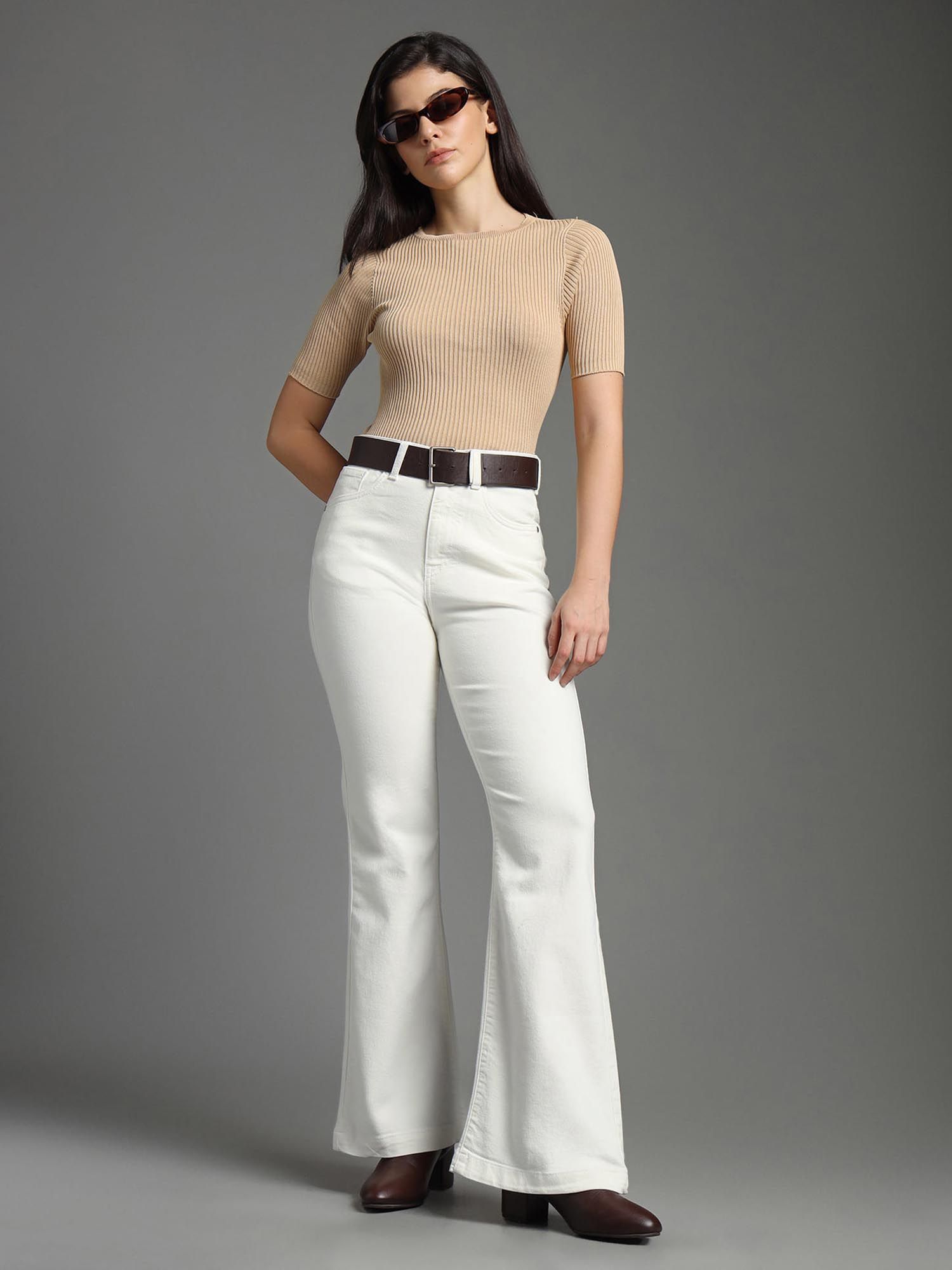 Women White Cotton Solid Flared Jeans-image-4