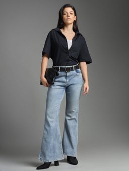 Flying Machine - Women Blue Cotton Solid Flared Jeans