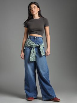 Flying Machine - Women Blue Cotton Solid Wide Jeans