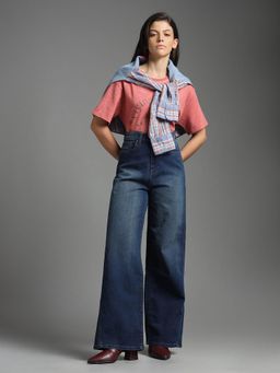 Flying Machine - Women Blue Cotton Solid Wide Jeans