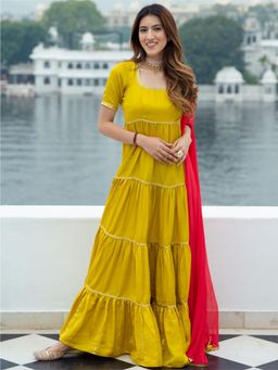 Lavanya The Label - Yellow Silk Long Dress With Dupatta (Set of 2)