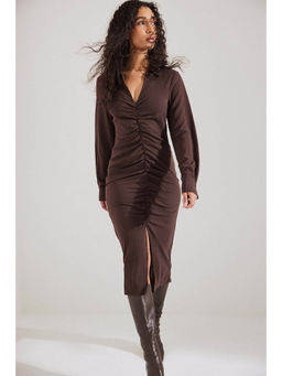 NA-KD - Ruched Front Midi Dress - Brown