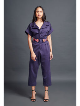 Deepika Arora - Navy Blue Collared Jumpsuit with Belt (Set of 2)