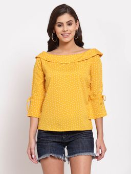 Style Quotient - women Mustard Yellow and White polka printed polycrepe smart casual top