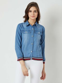 Miss Chase - Women's Light Blue Solid Denim Regular Length Jacket