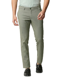 BASICS - Casual Checked Mid Green Cotton Polyester Stretch Trouser