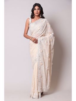 Zari Jaipur - Cream Color Georgette Fabric Saree with Unstitched Blouse