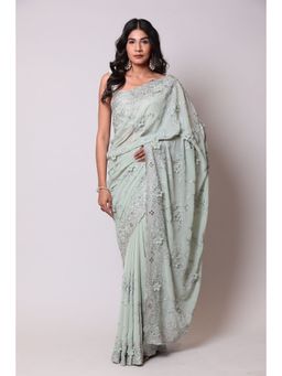 Zari Jaipur - Light Green Color Georgette Fabric Saree with Unstitched Blouse