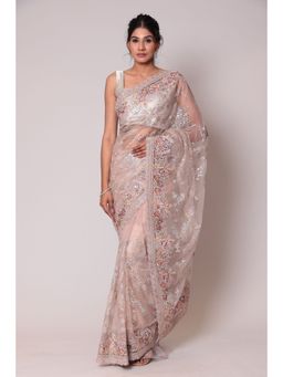 Zari Jaipur - Brown Color Net Fabric Saree with Unstitched Blouse