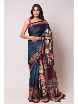 Zari Jaipur - Dark Blue Color Muslin Silk Fabric Saree with Unstitched