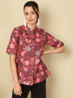 Jaipur Kurti - Brown Ethnic Printed Princess Cut Formal Top