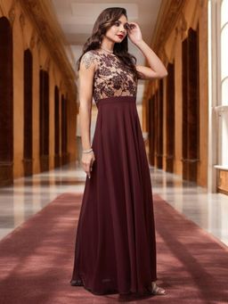 Miss Chase - Beige and Brown Round Neck Sleeveless Self Design Lace Fit and Flare Dress