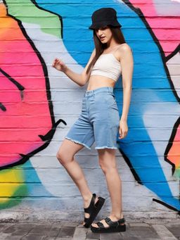 Miss Chase - Womens Light Blue Regular High Rise Stretchable Denim Shorts