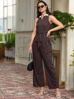 Miss Chase - Women Black Shirt Collar Polka Dot Waist Tie-Up Jumpsuit