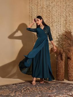 Miss Chase - Women's Teal V-Neck Self-Designed Wrap-Styled Georgette Ethnic Dress