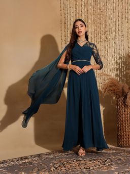 Miss Chase - Women's Teal V-Neck Asymmetric Self-Designed Georgette Maxi Ethnic Dress