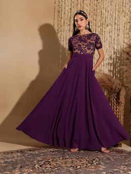 Miss Chase - Women's Dark Purple Round Neck Self Design Fit & Flare Maxi Ethnic Dress