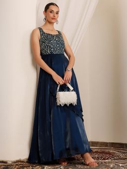 Miss Chase - Luxe Women's Sleeveless Navy Blue Ethnic Gown Embroidered in Premium Satin