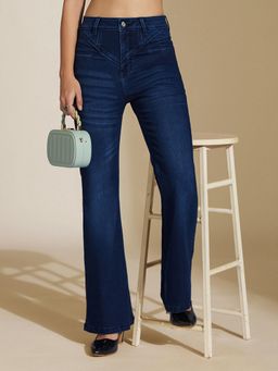 Miss Chase - Womens Navy Blue Bootcut High Rise Clean Look Stretchable Denim Jeans