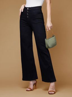 Miss Chase - Womens Black Wide Leg High Rise Clean Look Stretchable Denim Jeans