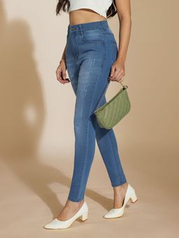 Miss Chase - Womens Blue Skinny High Rise Mild Distress Stretchable Denim Jeans