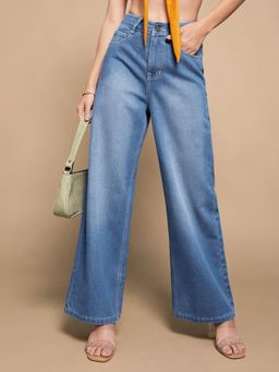 Miss Chase - Womens Light Blue Wide-Leg Regular-Length Non-Stretchable Denim Jeans