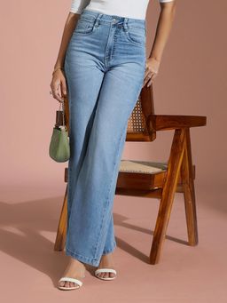 Miss Chase - Womens Light Blue Wide-Leg Regular-Length Stretchable Shaping Denim Jeans