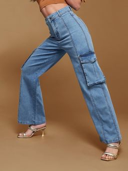 Miss Chase - Womens Blue Wide-Leg High-Rise Regular-Length Stretchable Denim Jeans