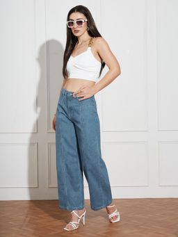 Miss Chase - Womens Blue Wide-Leg High-Rise Clean-Look Regular-Length Denim Jeans