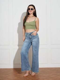 Miss Chase - Womens Light Blue Regular-Length Stretchable Denim Wide Leg Shaping Jeans