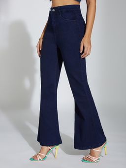 Miss Chase - Womens Navy Blue Bootcut High Rise Regular Length Stretchable Denim Jeans