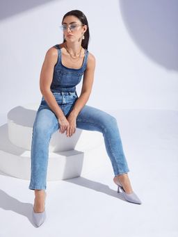 Miss Chase - Womens Light-Blue Slim-Fit High-Rise Stretchable Denim Jeans