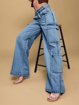 Miss Chase - Womens Light Blue Wide-Leg High Rise Regular Denim Jeans