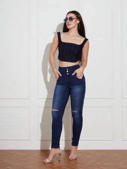 Miss Chase - Womens Navy Blue Skinny Fit High Rise Clean Look Denim Jeans