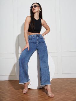 Miss Chase - Womens Mid-Blue Flared-Leg High Rise Regular-Length Stretchable Denim Jeans