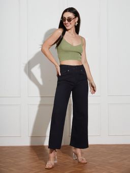 Miss Chase - Womens Black Wide-Leg High Rise Regular-Length Stretchable Denim Jeans