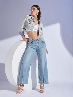 Miss Chase - Womens Light Blue Wide-Leg Mid Rise Clean Look Stretchable Denim Jeans