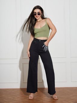 Miss Chase - Womens Black Wide Leg High Rise Hand Painted Stretchable Denim Jeans