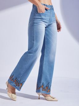 Miss Chase - Womens Light Blue Straight Fit Hand Painted Stretchable Denim Jeans