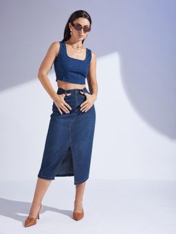 Miss Chase - Women Dark Blue A-Line High-Rise Non-Stretchable Denim Midi Skirt