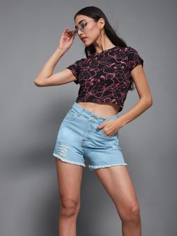 Miss Chase - Women Blue Relaxed Mid Rise High Distress Non Stretchable Denim Shorts