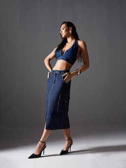 Miss Chase - Women Navy Blue Straight High Rise Clean Look Midi Denim Skirt