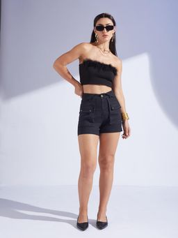 Miss Chase - Women Black High-Rise Flared Stretch Denim Shorts with Statement Pockets