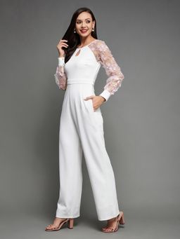 Miss Chase - Women White Floral Keyhole Neck Back Tie-Up Regular-Length Jumpsuit